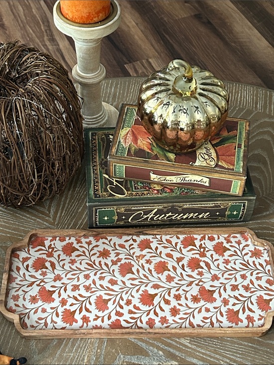 Other - NEW! Fall Autumn Harvest Rustic Orange Floral Wood & Enamel Serving Tray